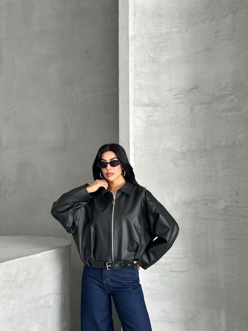 Yakalı Siyah Deri Ceket