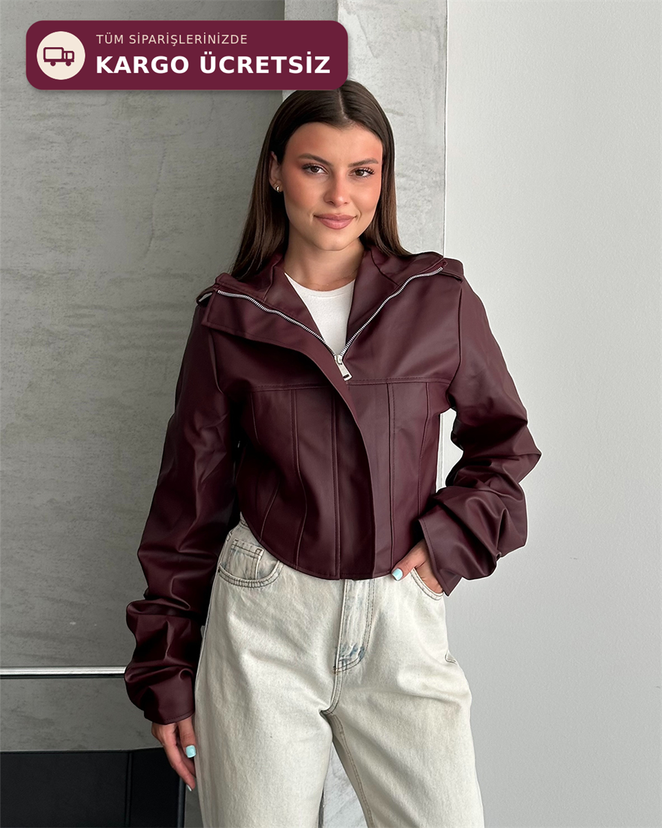 Yandan Kavisli Korse Detaylı Crop Bordo Deri Ceket