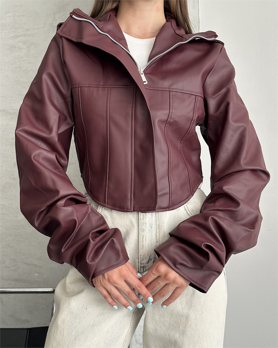 Yandan Kavisli Korse Detaylı Crop Bordo Deri Ceket