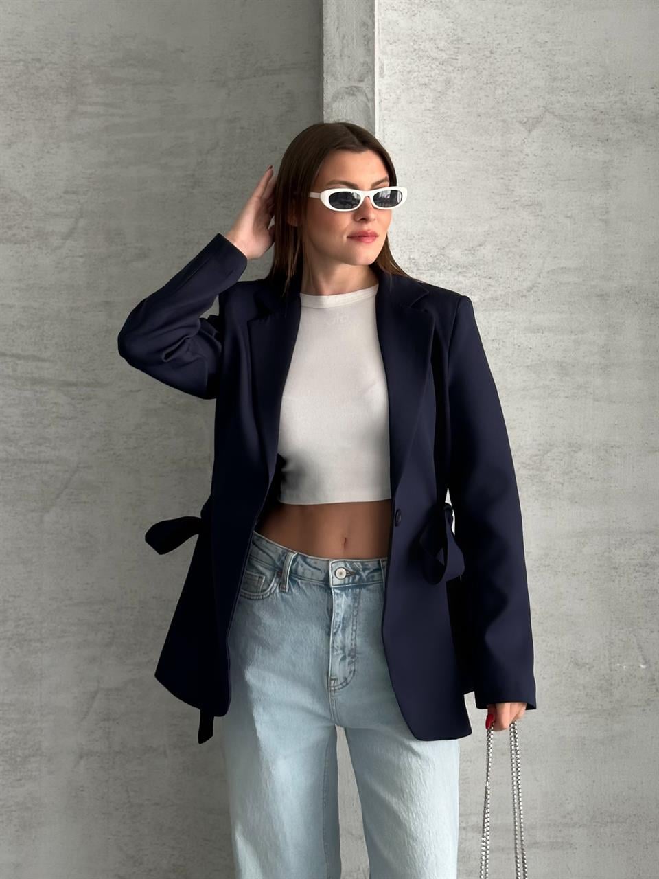 Yandan Kuşaklı Lacivert Blazer Ceket