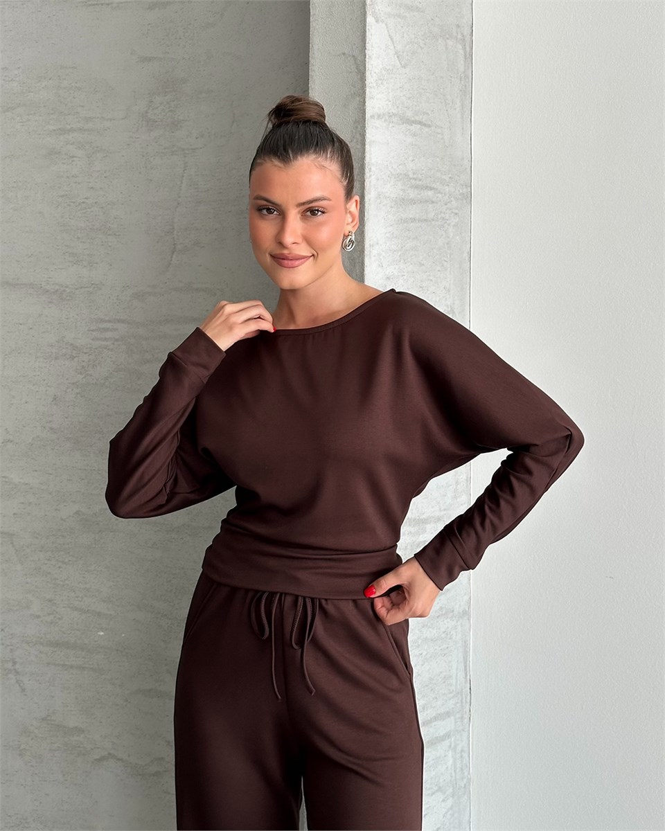 Yarasa Kol Bol Paça Pantolon Kahverengi İkili Takım