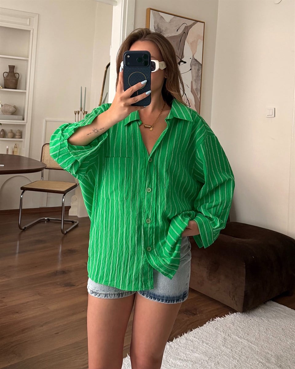 Yeşil Çizgili Oversize Gömlek