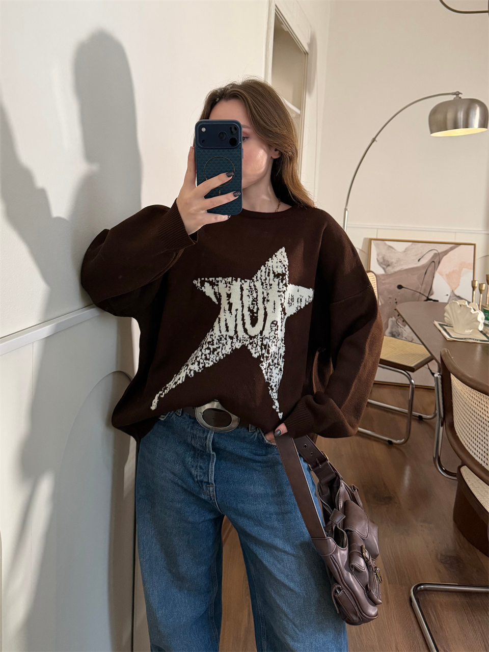 Yıldız Desenli Kahverengi Oversize Kazak