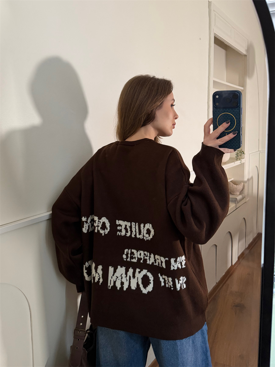 Yıldız Desenli Kahverengi Oversize Kazak