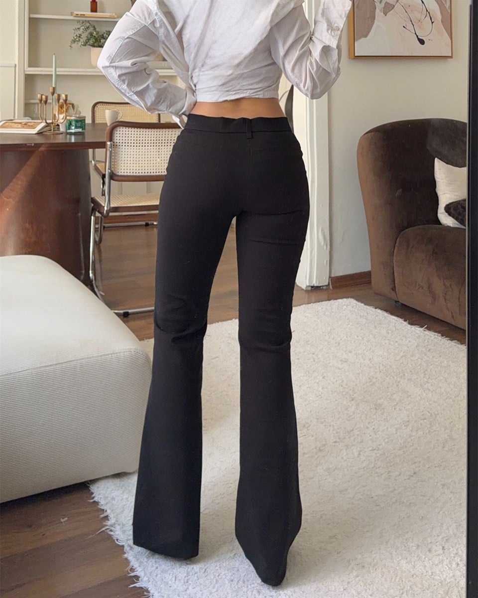 Slim Fit Yüksek Bel İspanyol Paça Siyah Pantolon