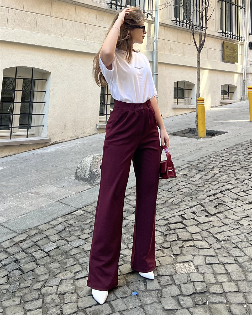 Yüksek Bel Düğmeli Bordo Palazzo Pantolon