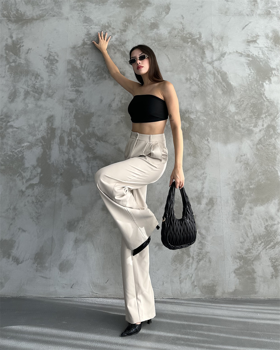 Yüksek Bel Düğmeli Krem Palazzo Pantolon