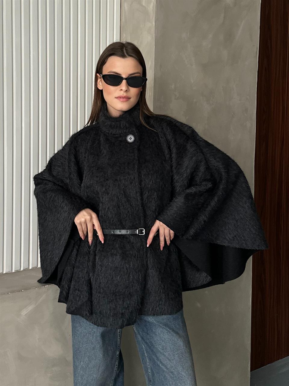 Yüksek Yakalı Modern Siyah Panço