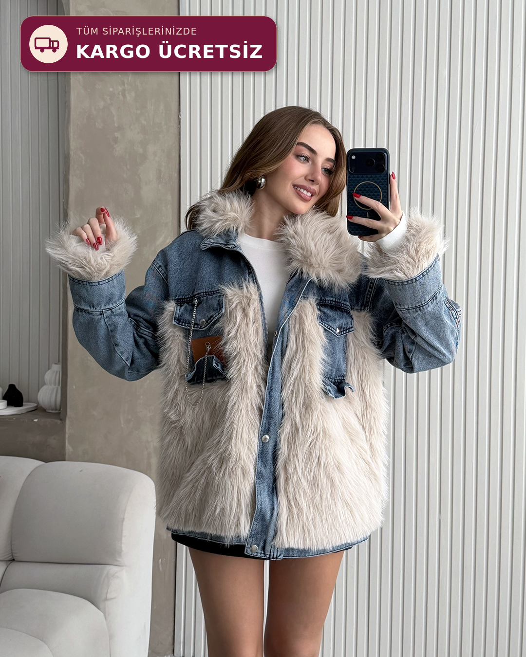 Alaska Kürk Detaylı Denim Ceket