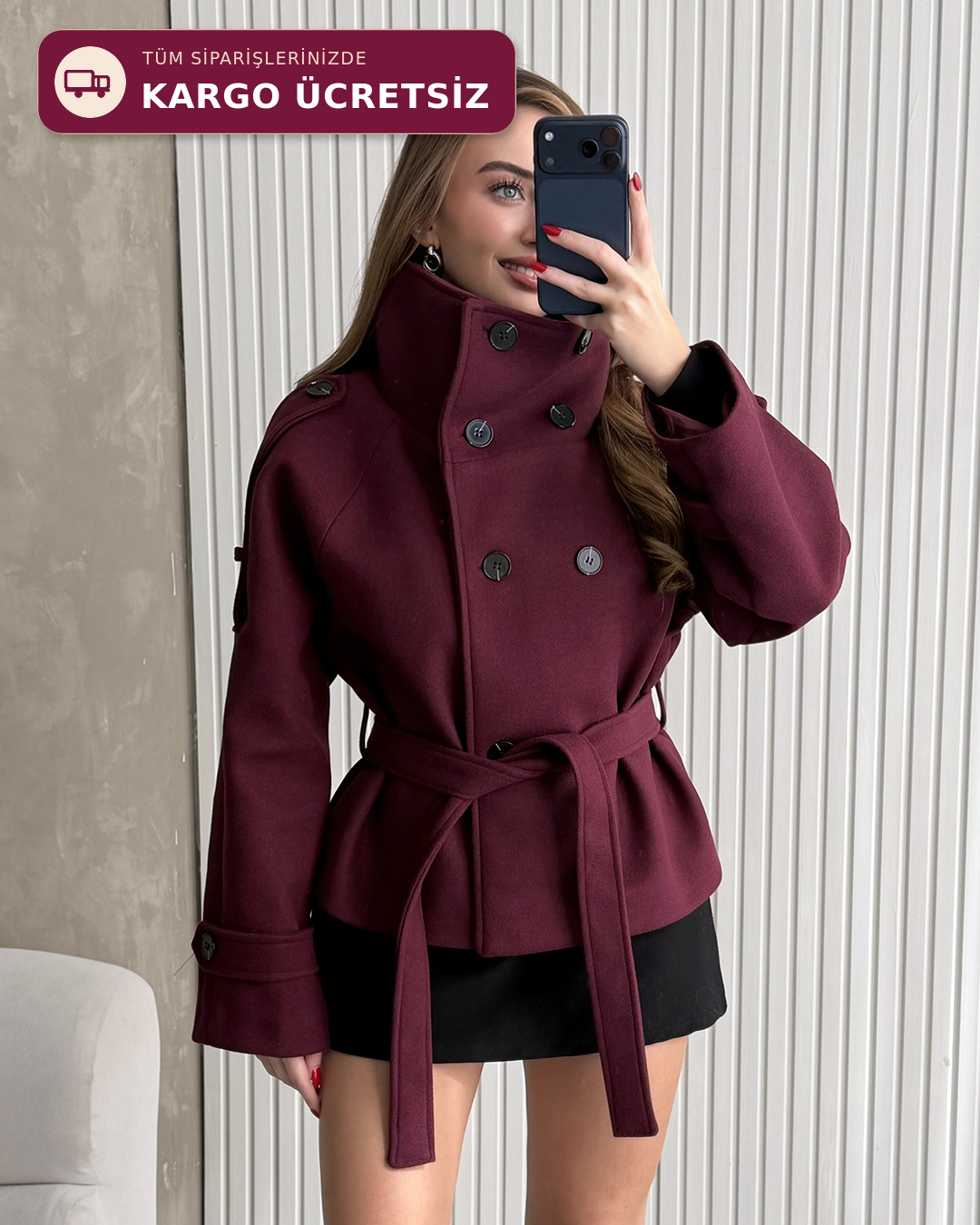 Apoletli Dik Yaka Mini Boy Bordo Kaban