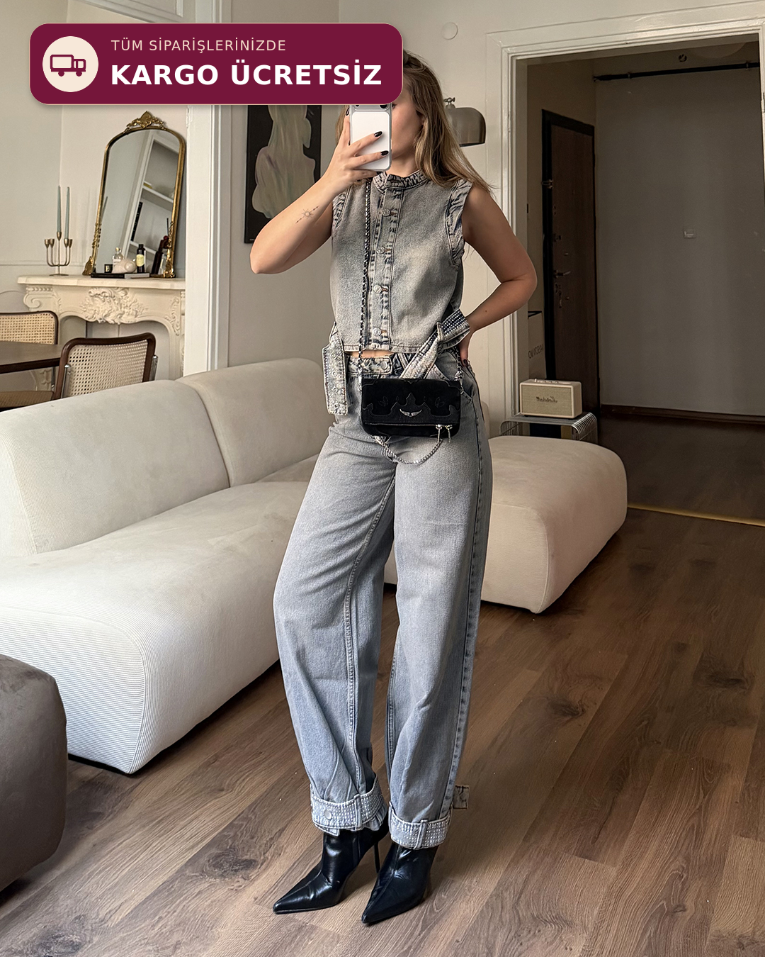 Astra Taş Detaylı Denim İkili Takım