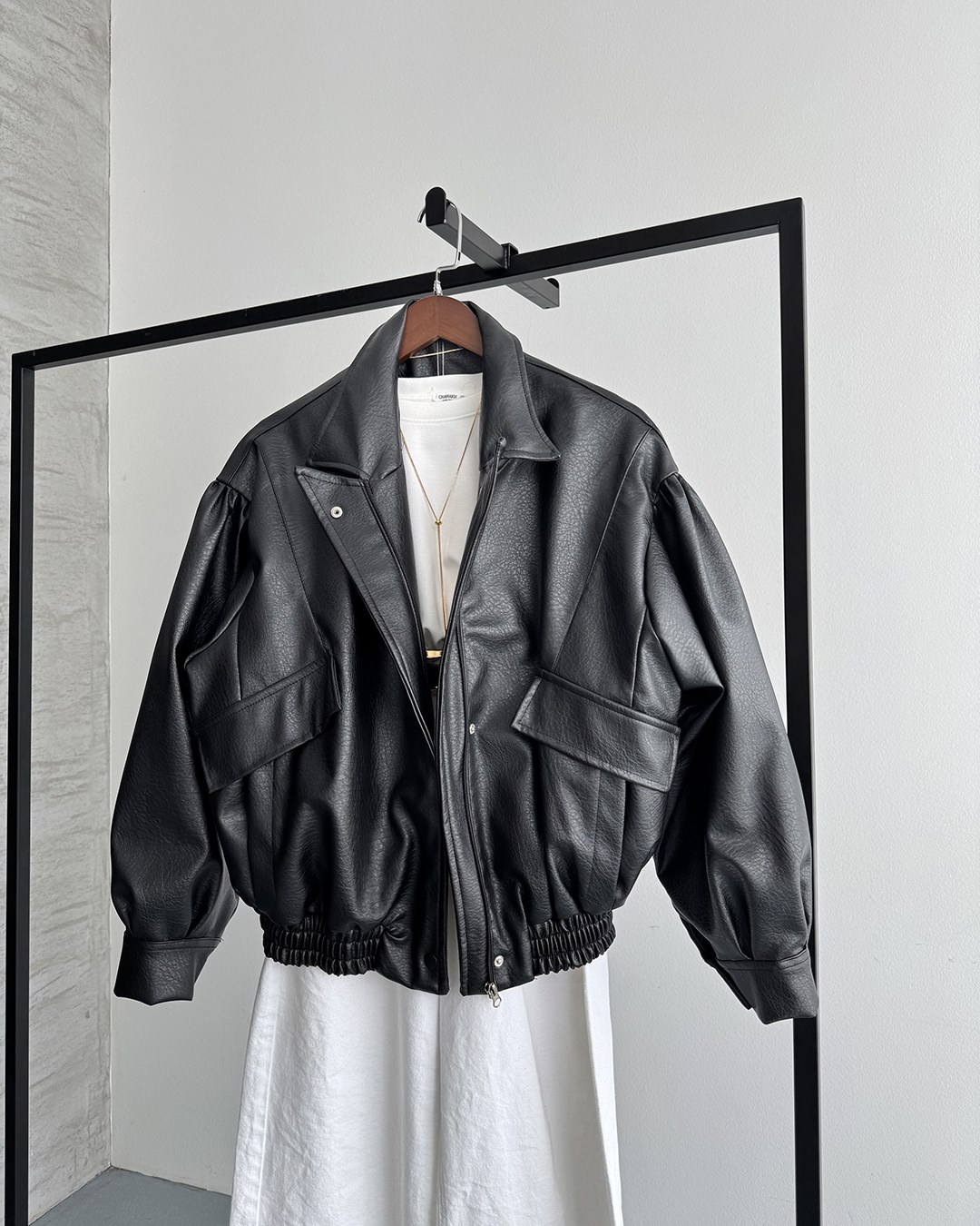 Balon Kol Oversize Siyah Deri Bomber Ceket