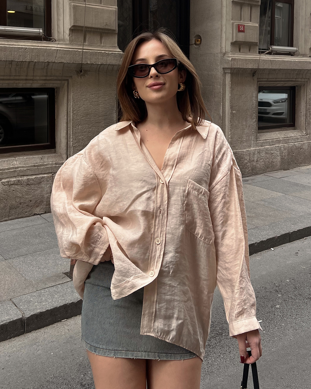 Bambu Oversize Krem Gömlek
