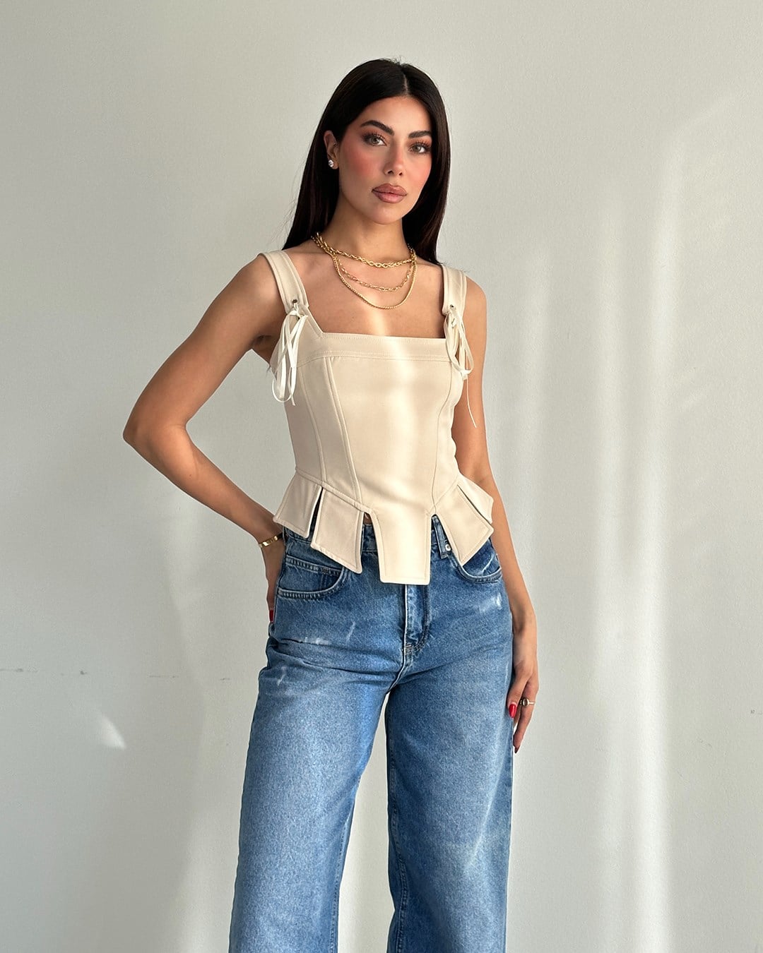 Bej İp Detaylı Korse Bluz