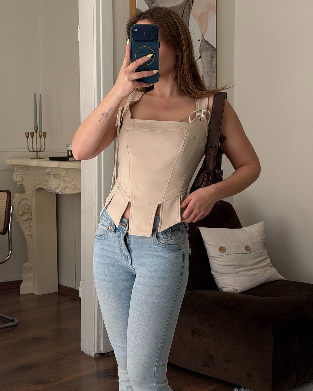 Bej İp Detaylı Korse Bluz