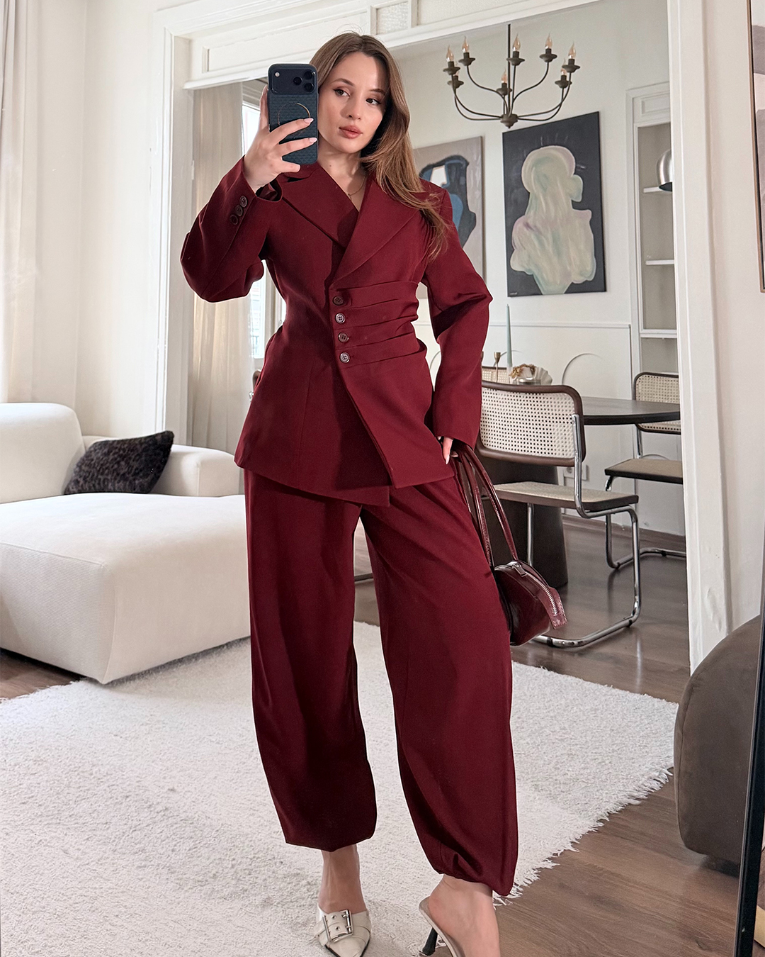 Bel Bağlamalı Bordo Blazer Pantolon Takım