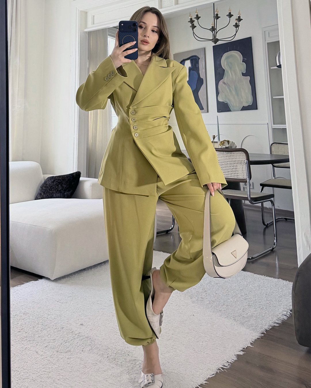 Bel Bağlamalı Haki Blazer Pantolon Takım