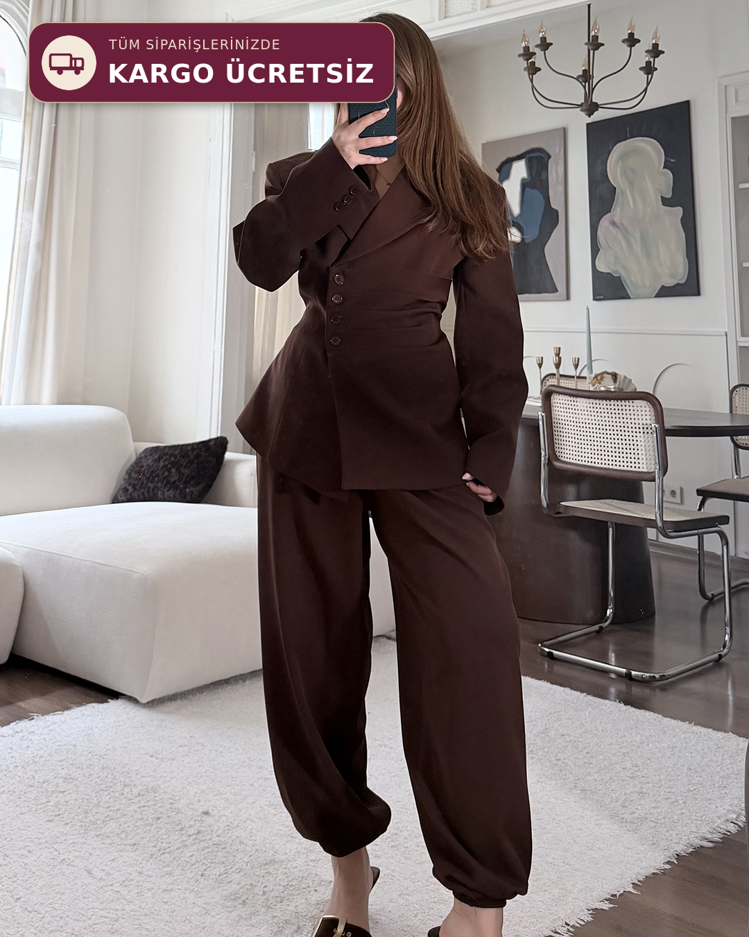 Bel Bağlamalı Kahverengi Blazer Pantolon Takım