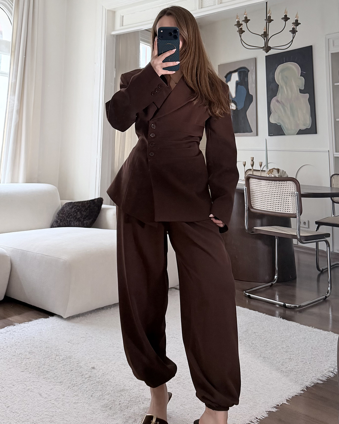 Bel Bağlamalı Kahverengi Blazer Pantolon Takım