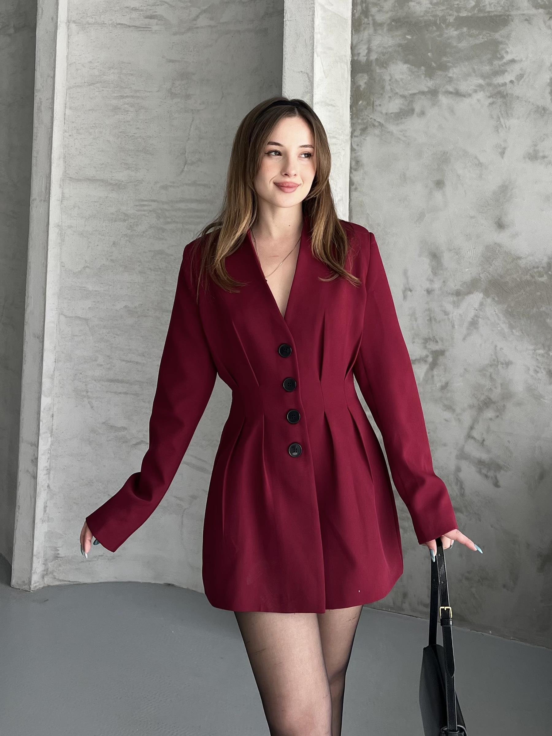 Beli Pileli Bordo Blazer Ceket Elbise