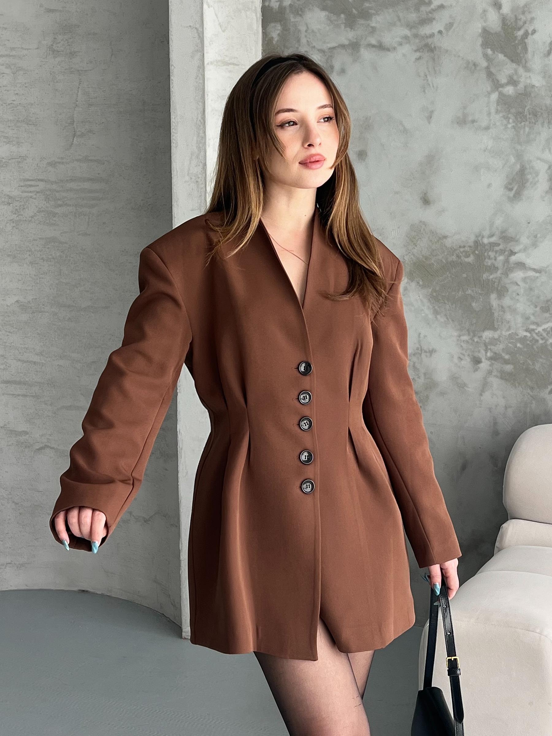 Beli Pileli Kahverengi Blazer Ceket Elbise