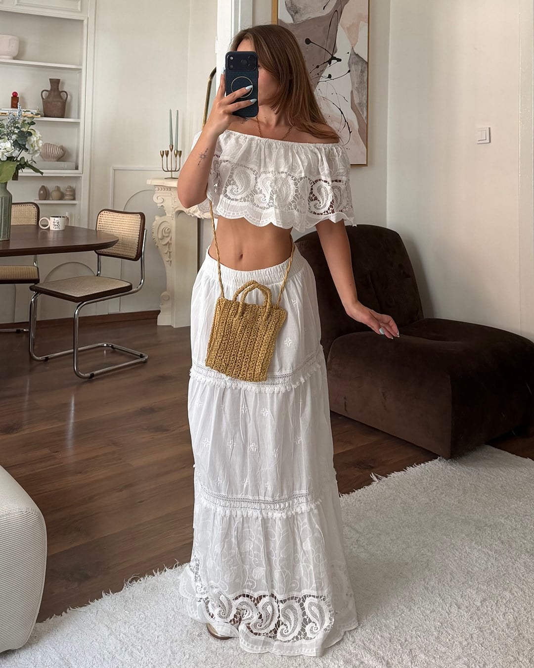 Beyaz Fisto Detaylı Crop Etek Takım