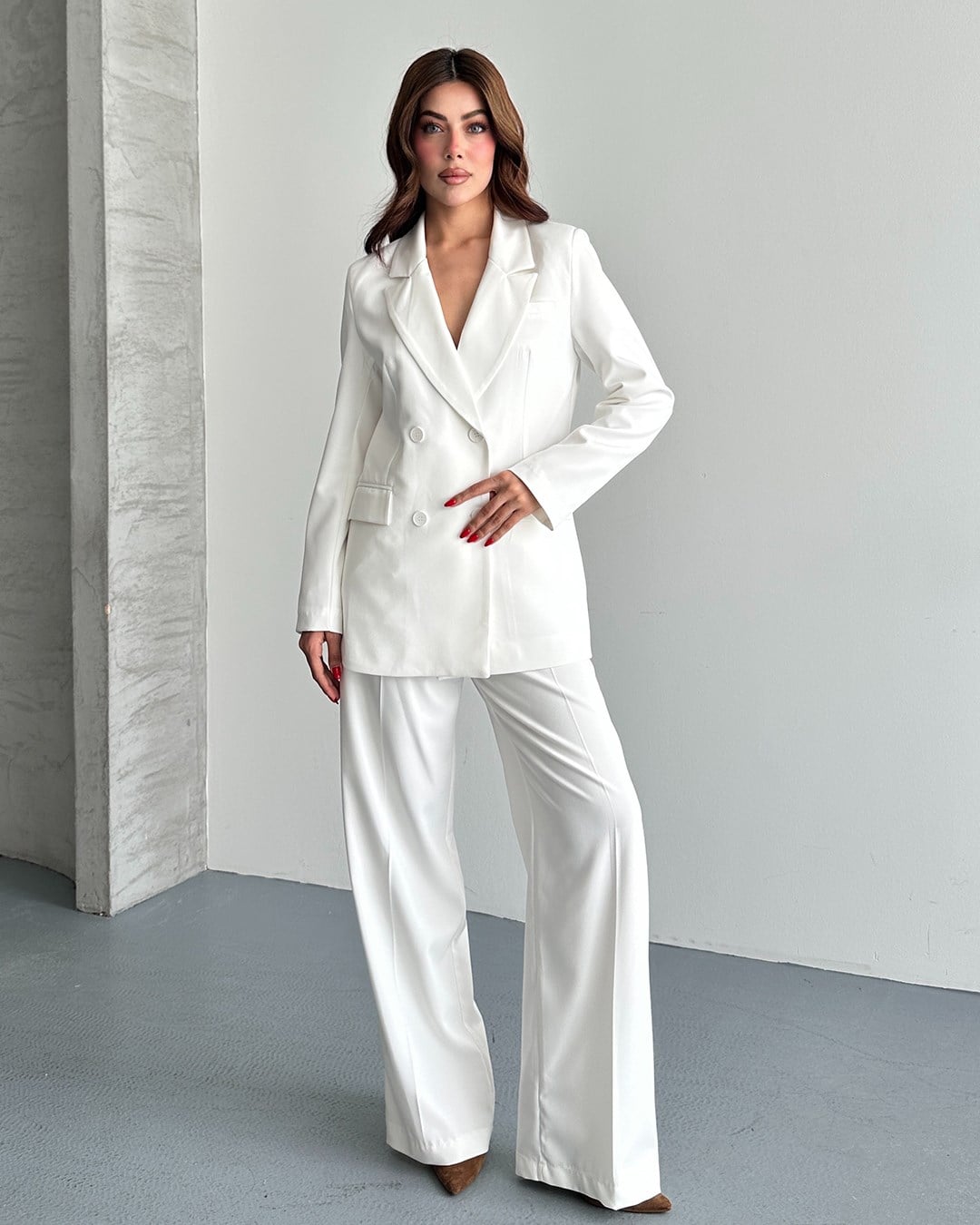 Beyaz Oversize Blazer Ceket Pantolon Takım