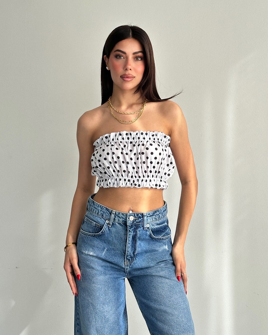 Beyaz Puantiyeli Straplez Crop
