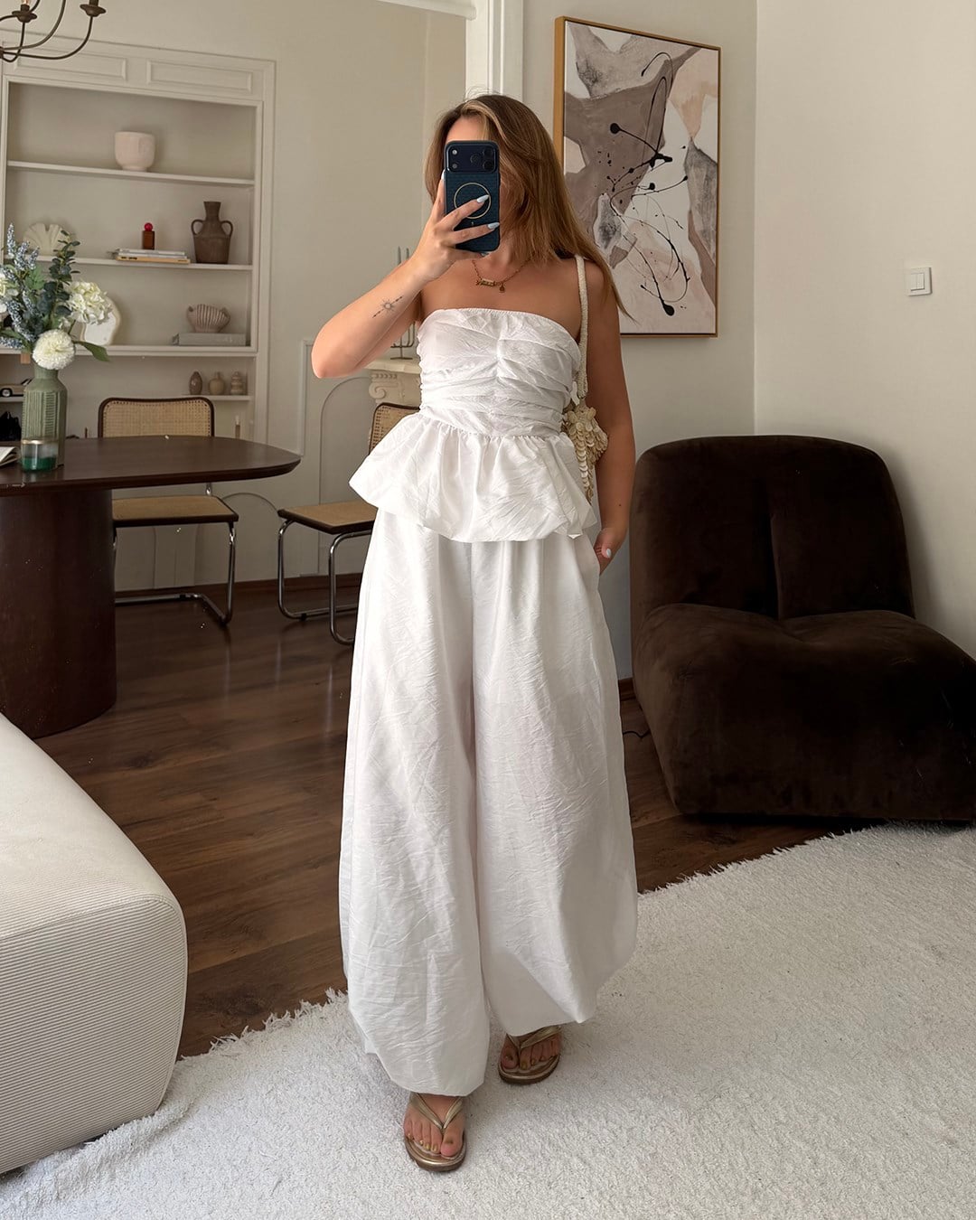 Beyaz Straplez Peplum Büstiyer Pantolon Takım