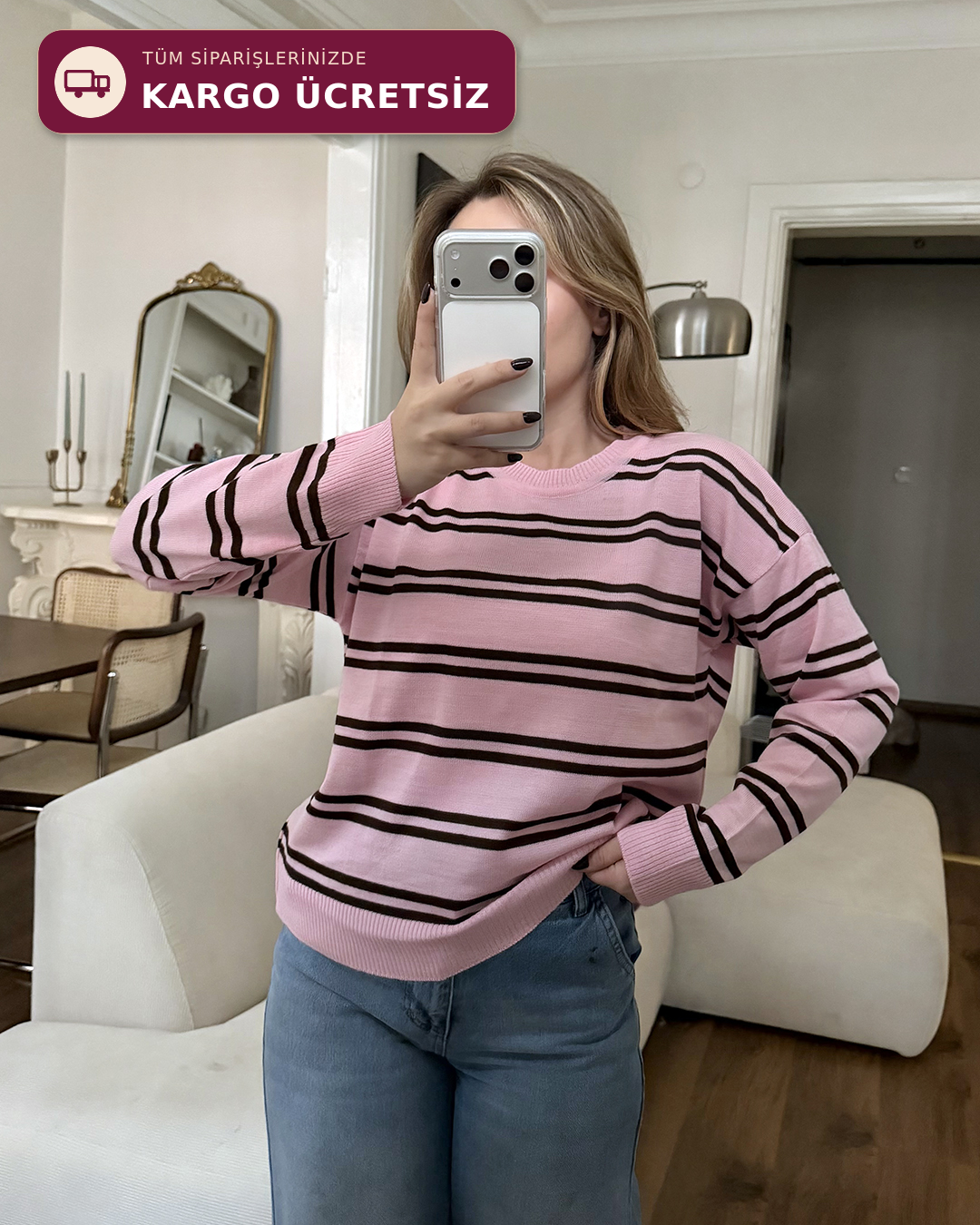Bisiklet Yaka Çizgili Oversize Pembe Triko Kazak