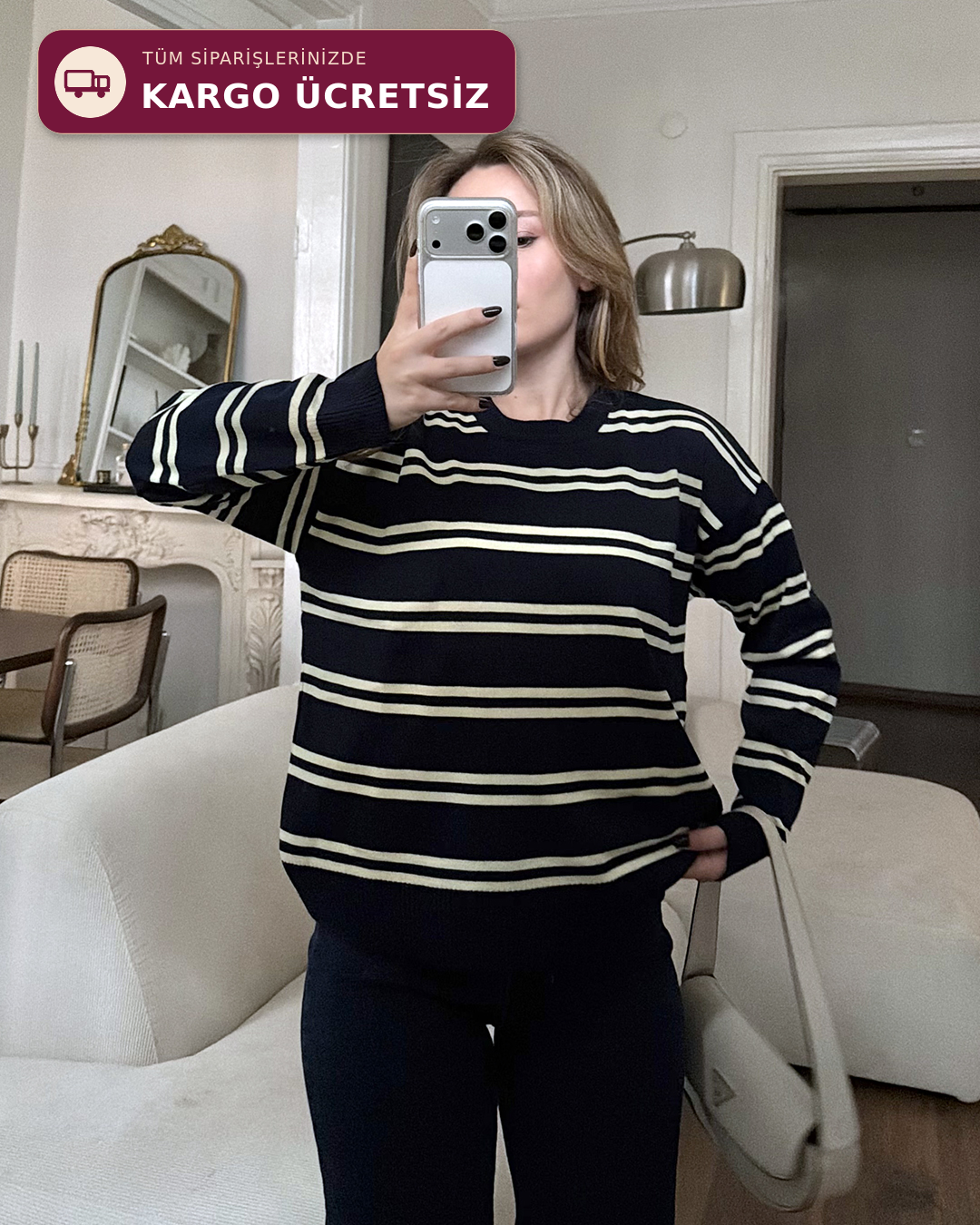 Bisiklet Yaka Çizgili Oversize Siyah Triko Kazak