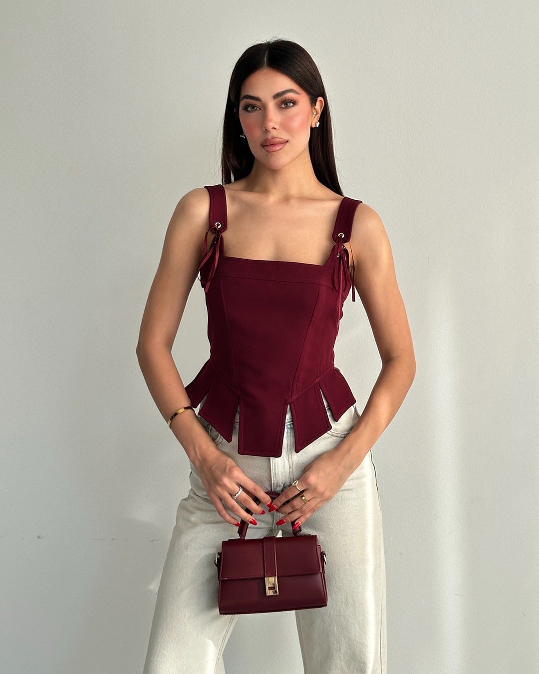Bordo İp Detaylı Korse Bluz