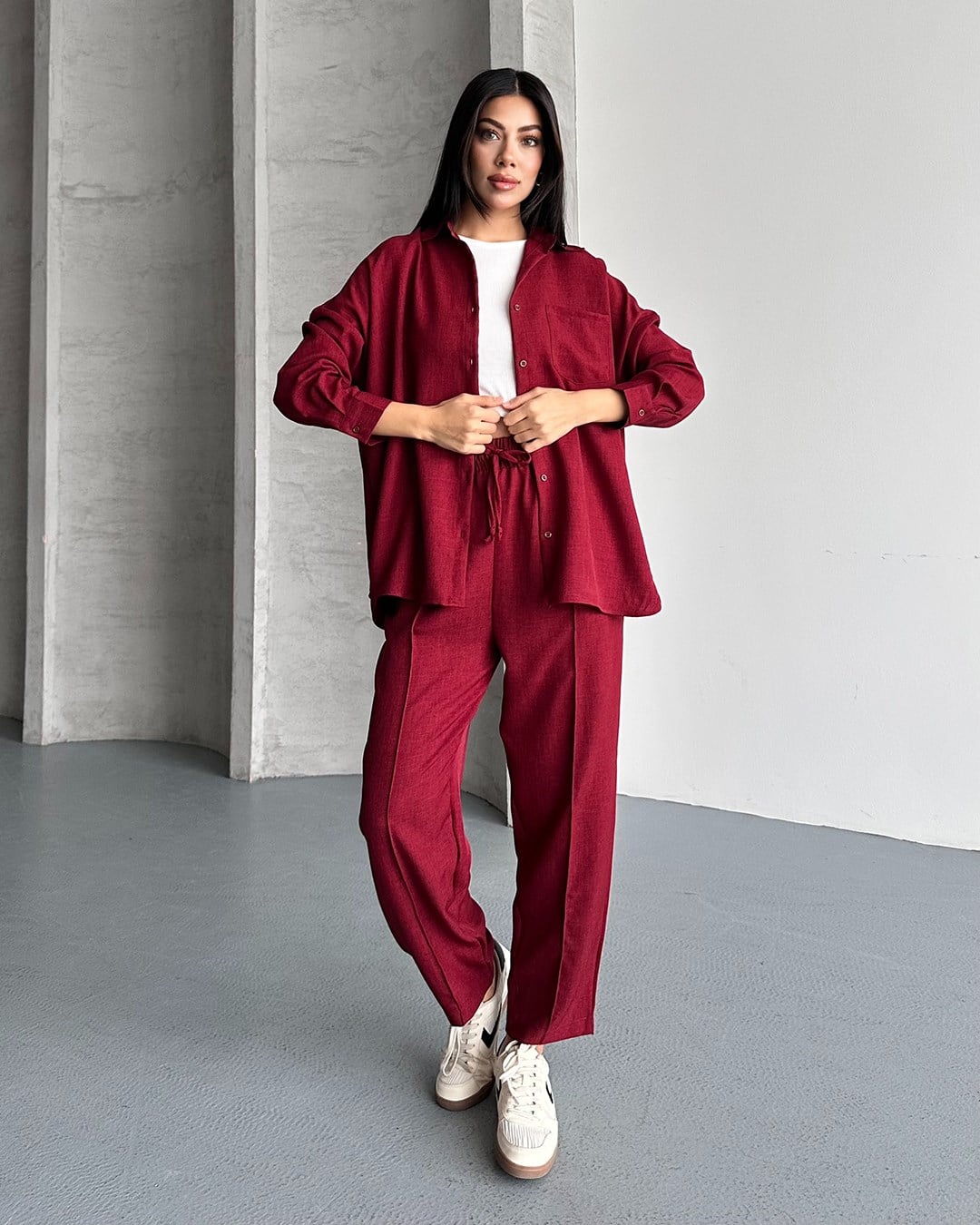 Bordo Keten Gömlek Pantolon Takım
