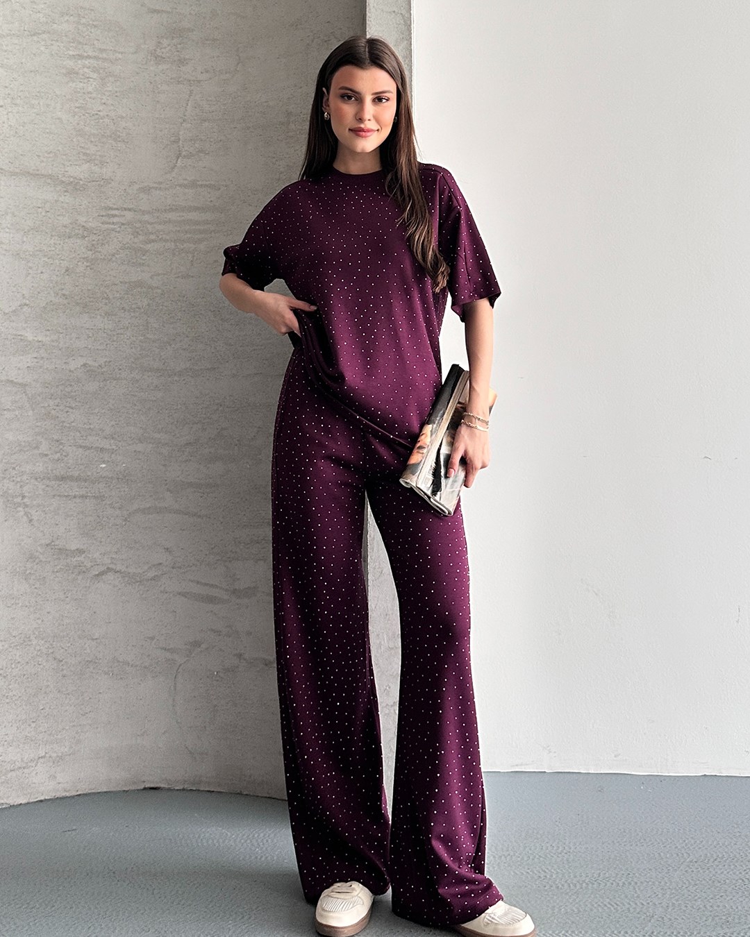 Bordo Taşlı Eşofman Takımı