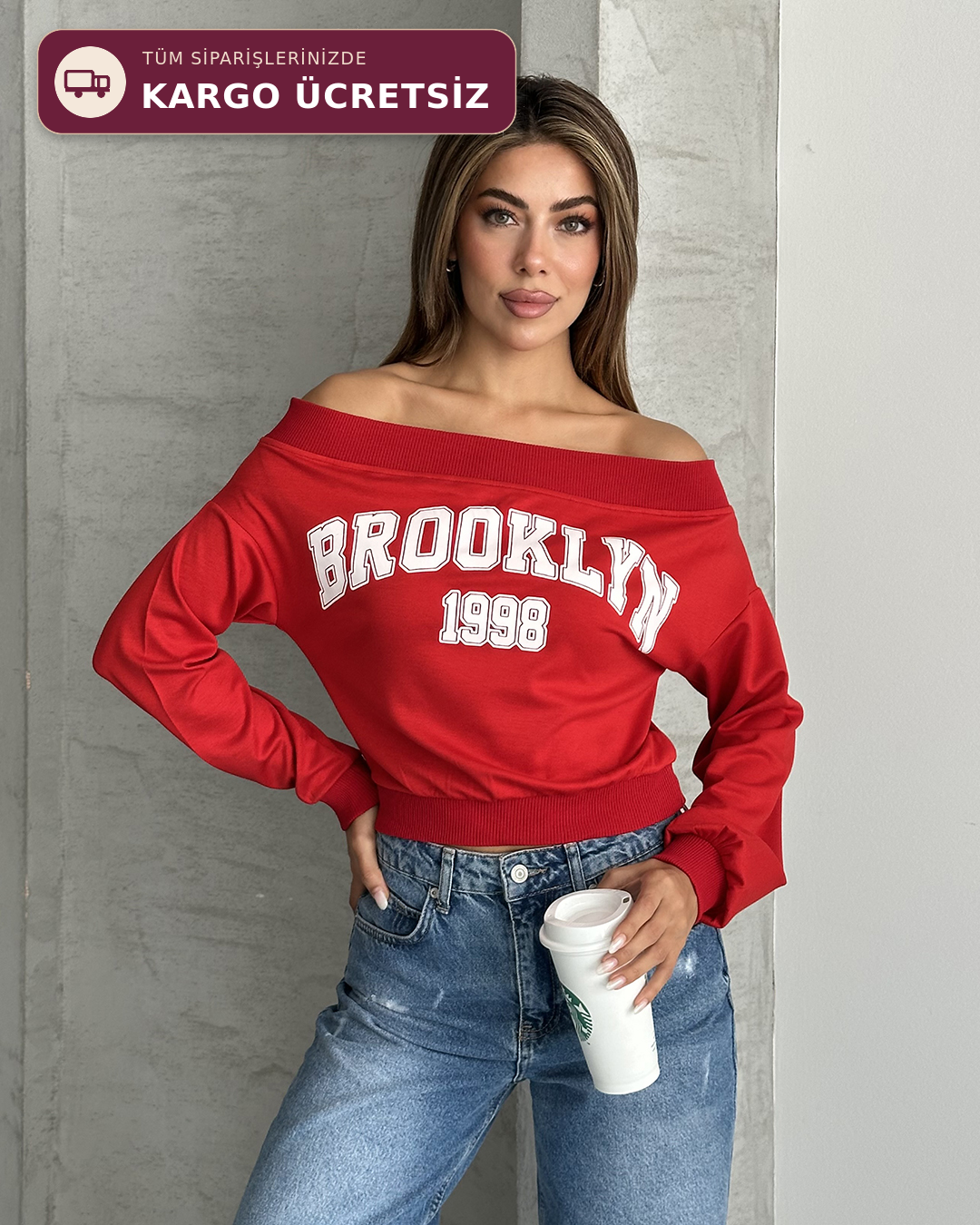 Brooklyn 1998 Baskılı Kayık Yaka Kırmızı Bluz