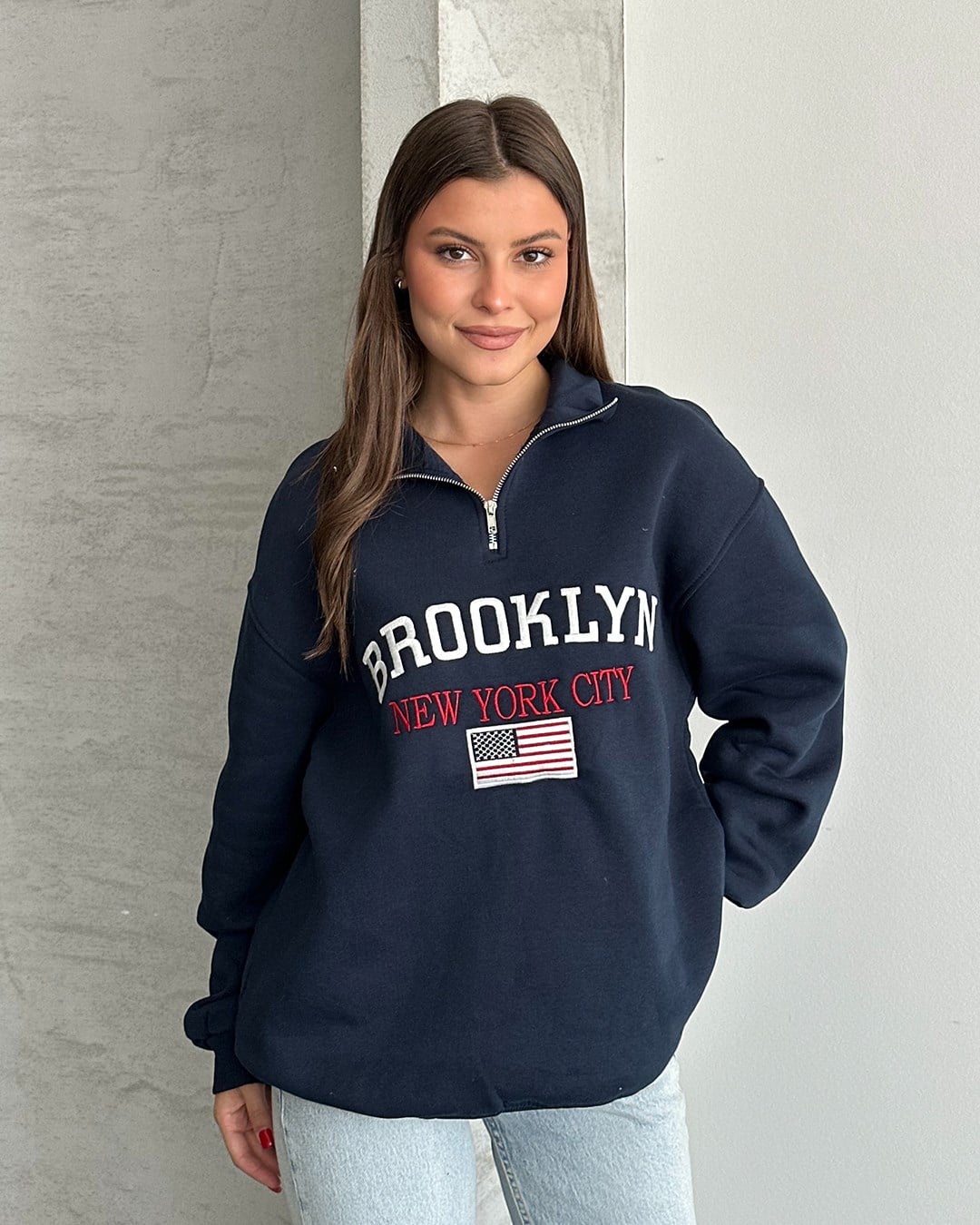 Brooklyn Nakışlı Fermuar Yaka Lacivert Sweatshirt