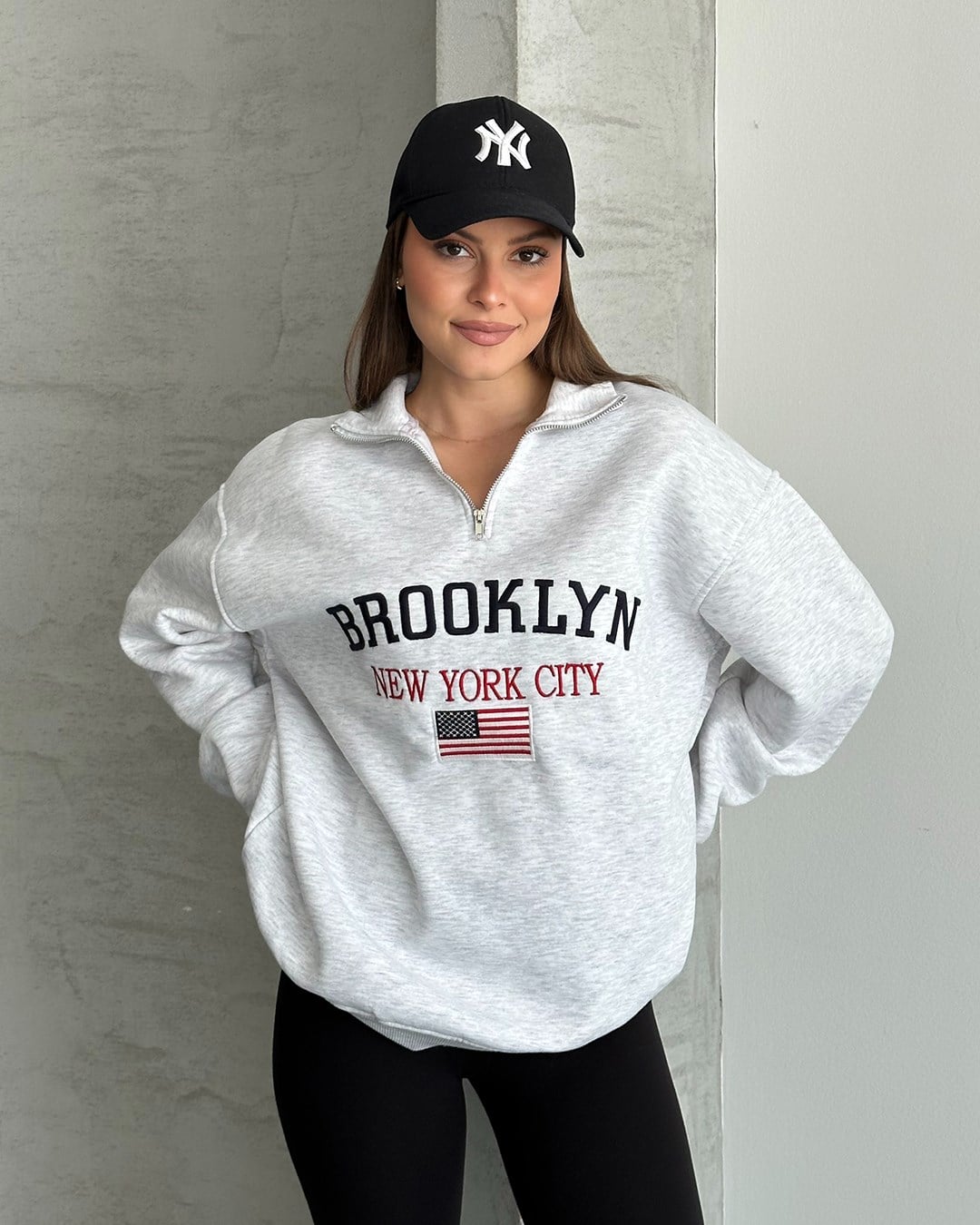 Brooklyn Nakışlı Fermuar Yaka Melanj Sweatshirt