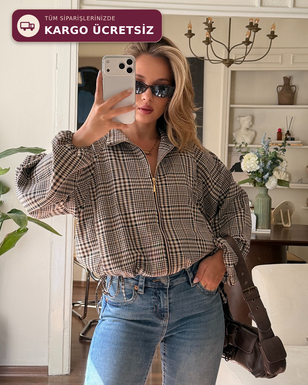 Büzgü Detaylı Ekose Crop Ceket