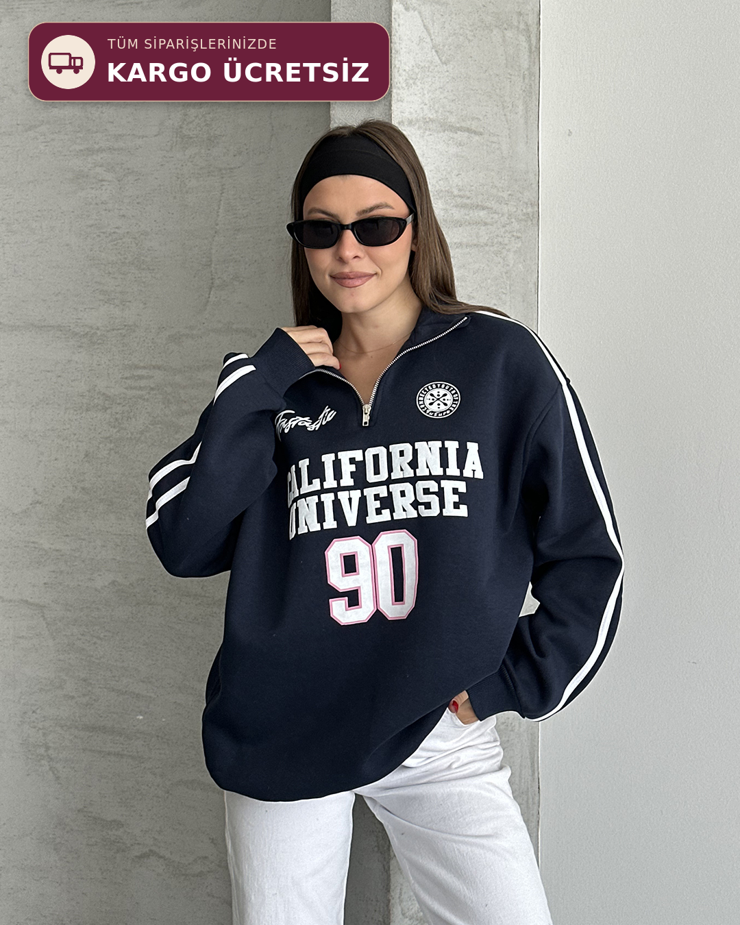 California Baskılı Şeritli Lacivert Sweatshirt