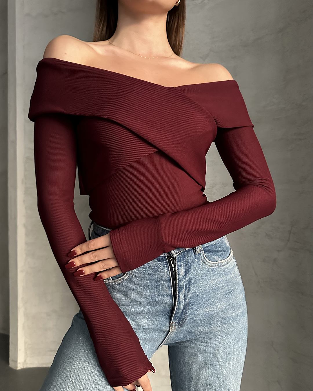 Çapraz Yaka Detay Bordo Bluz