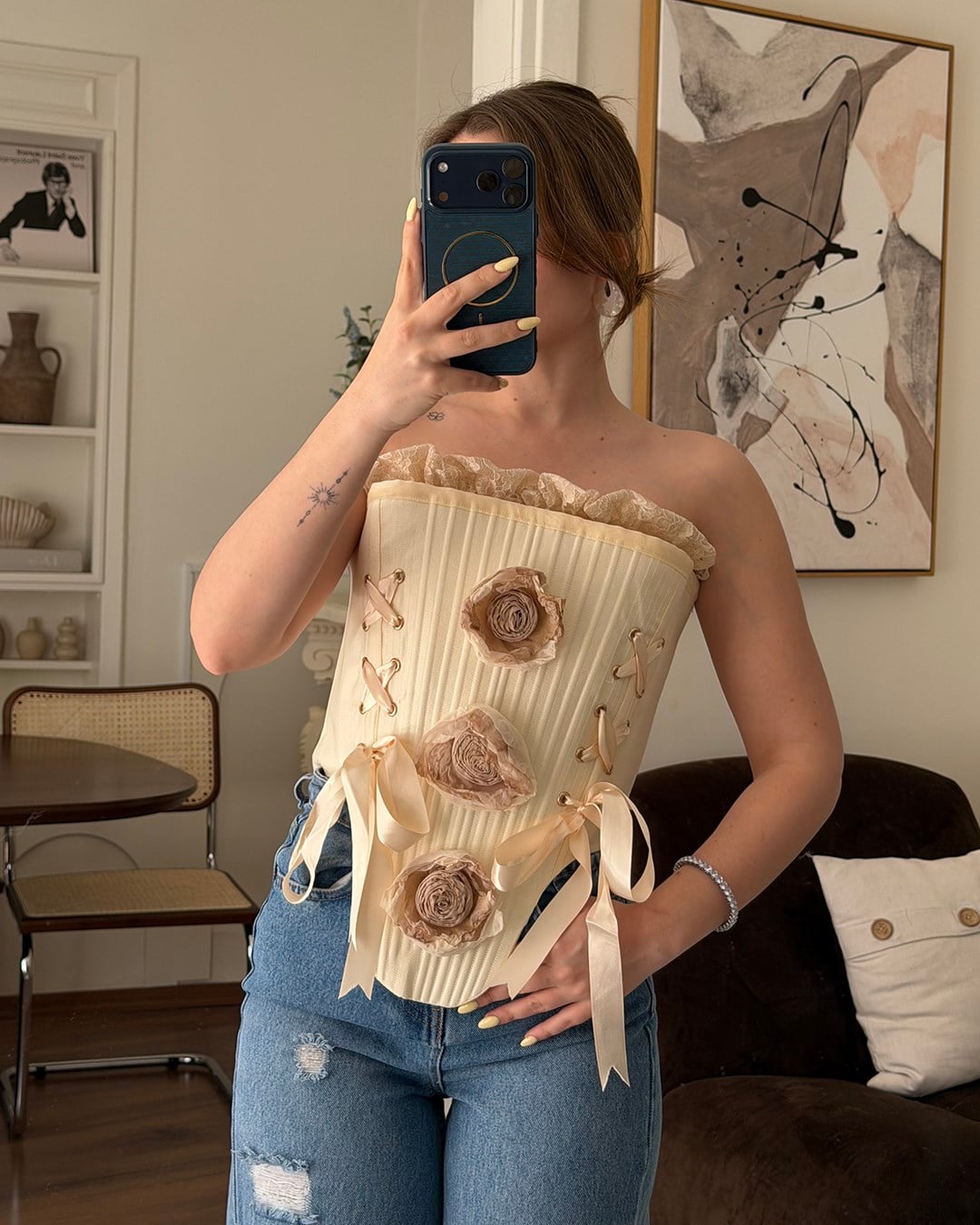 Çiçek Detaylı Vintage Korse Bluz