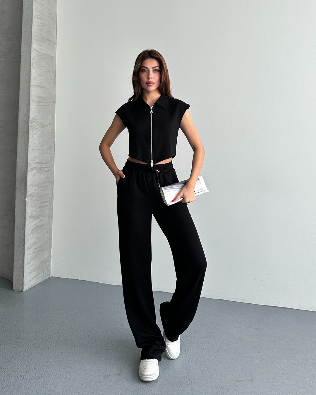 Çift Fermuar Siyah Eşofman Takımı