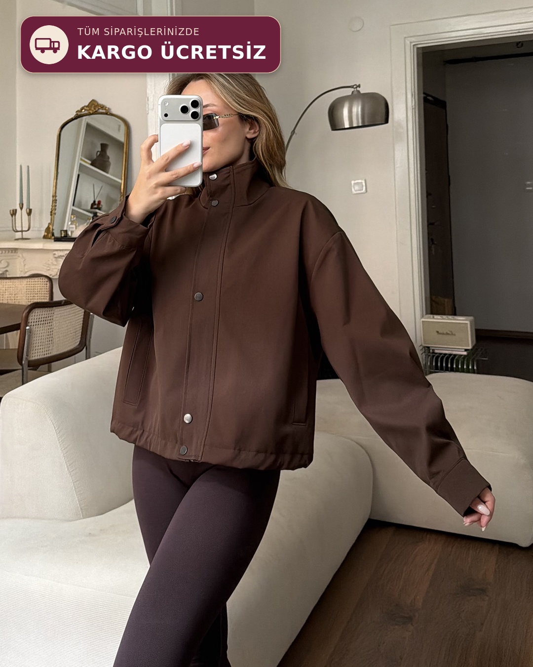 Çıtçıtlı Kahverengi Trenç Bomber Ceket
