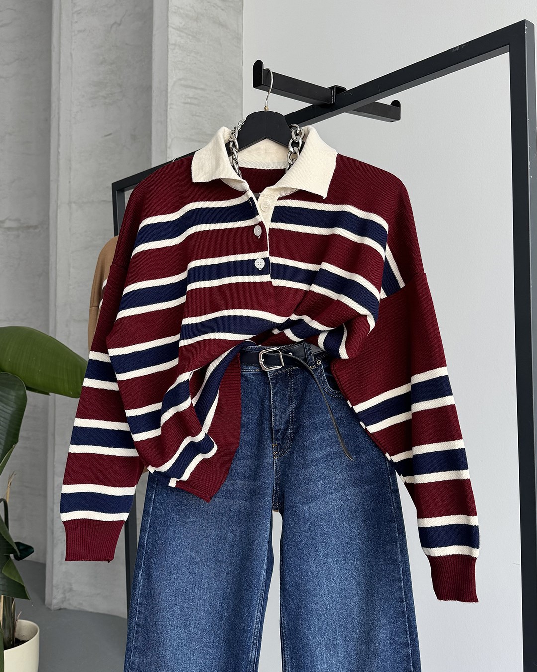 Çizgili Polo Yaka Oversize Bordo Triko Kazak
