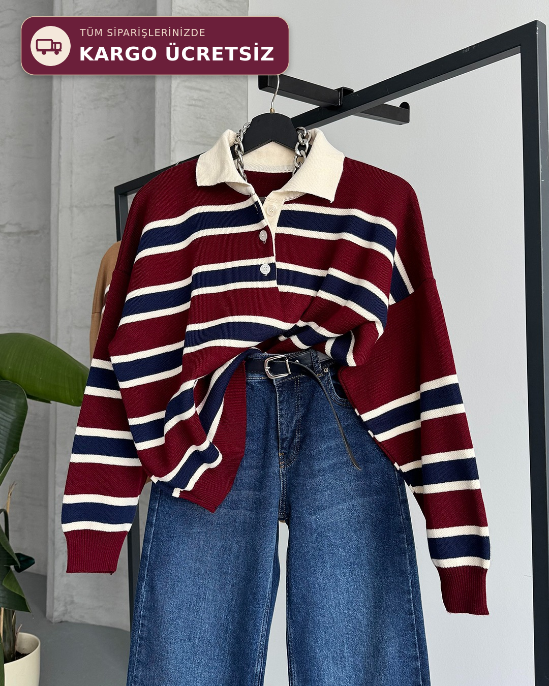 Çizgili Polo Yaka Oversize Bordo Triko Kazak
