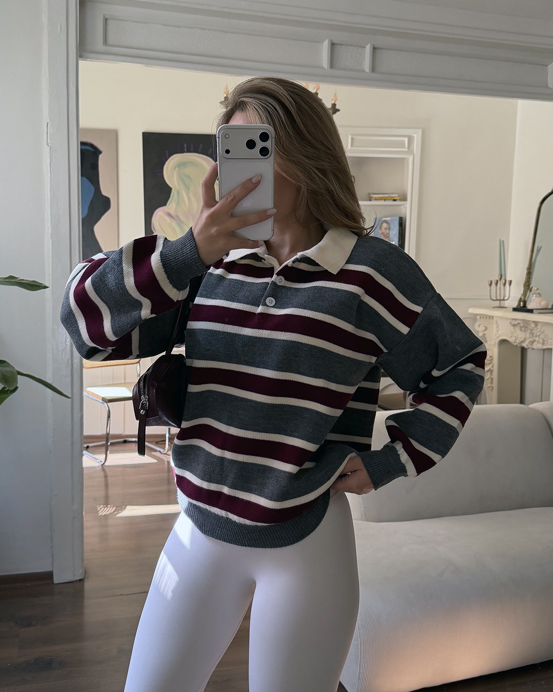 Çizgili Polo Yaka Oversize Gri Triko Kazak