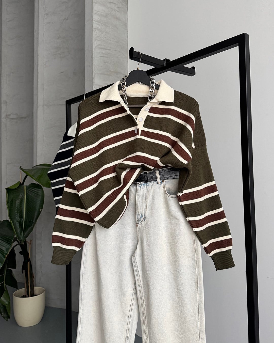 Çizgili Polo Yaka Oversize Haki Triko Kazak