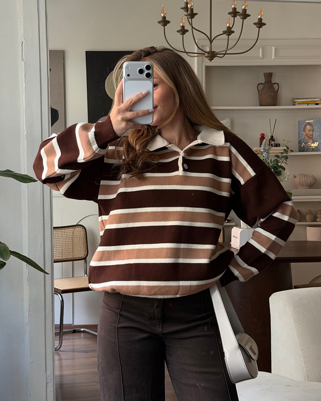 Çizgili Polo Yaka Oversize Kahverengi Triko Kazak
