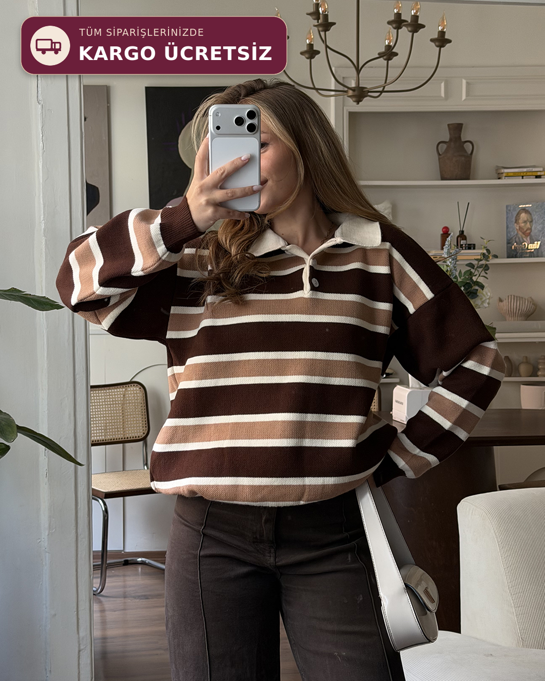 Çizgili Polo Yaka Oversize Kahverengi Triko Kazak