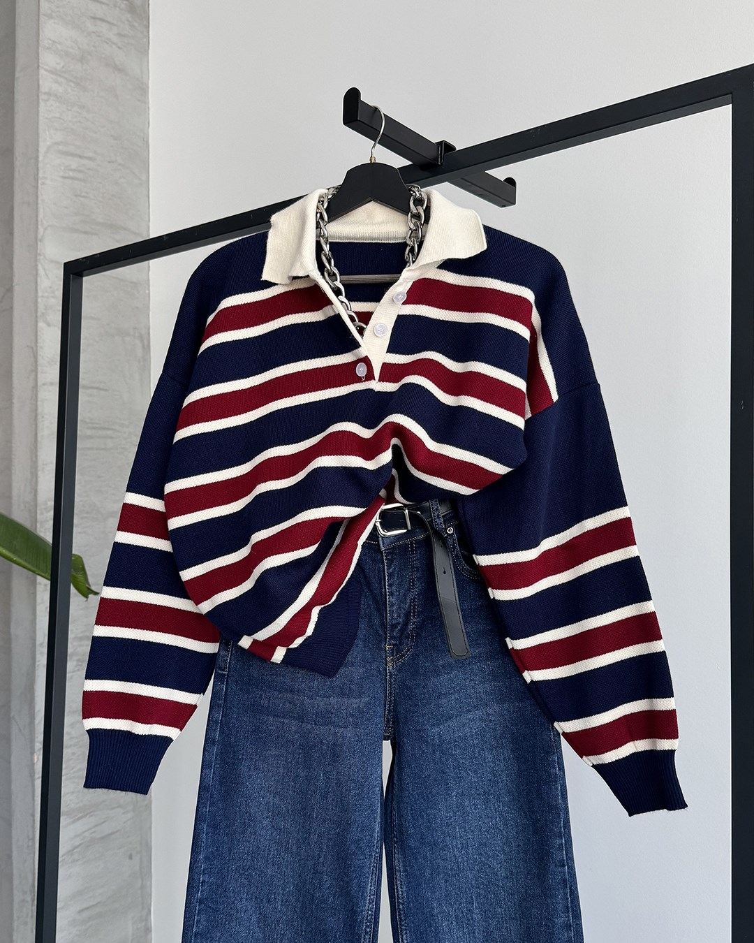 Çizgili Polo Yaka Oversize Lacivert Triko Kazak